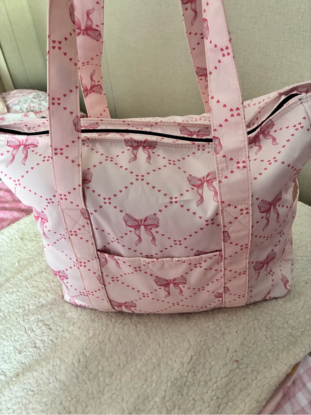 Pink Bow-Print Tote Bag - Women's Shoulder Bag